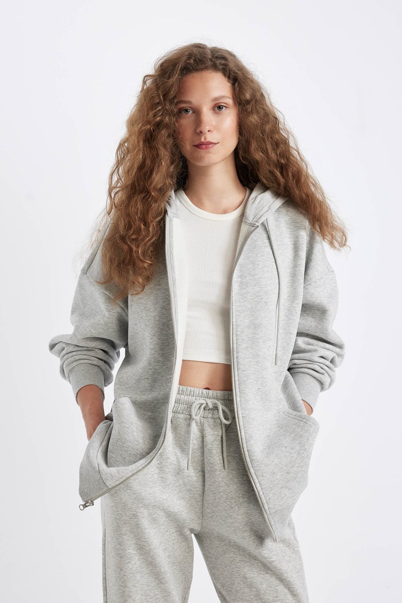 DeFacto Grey Woman Oversize Fit Hooded Kangaroo Pocket Basic Zippered Sweatshirt Casual - Image 4